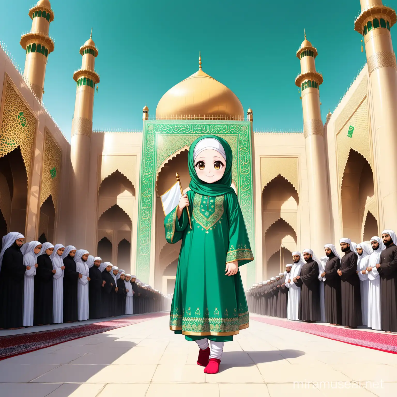Character Persian little girl(full height,, white flag in hand proudly, Muslim, with emphasis no hair out of veil(Hijab), smaller eyes, bigger nose, white skin, cute, smiling, wearing socks, clothes full of Persian designs).

Atmosphere shrine of Imam Reza Yard.
