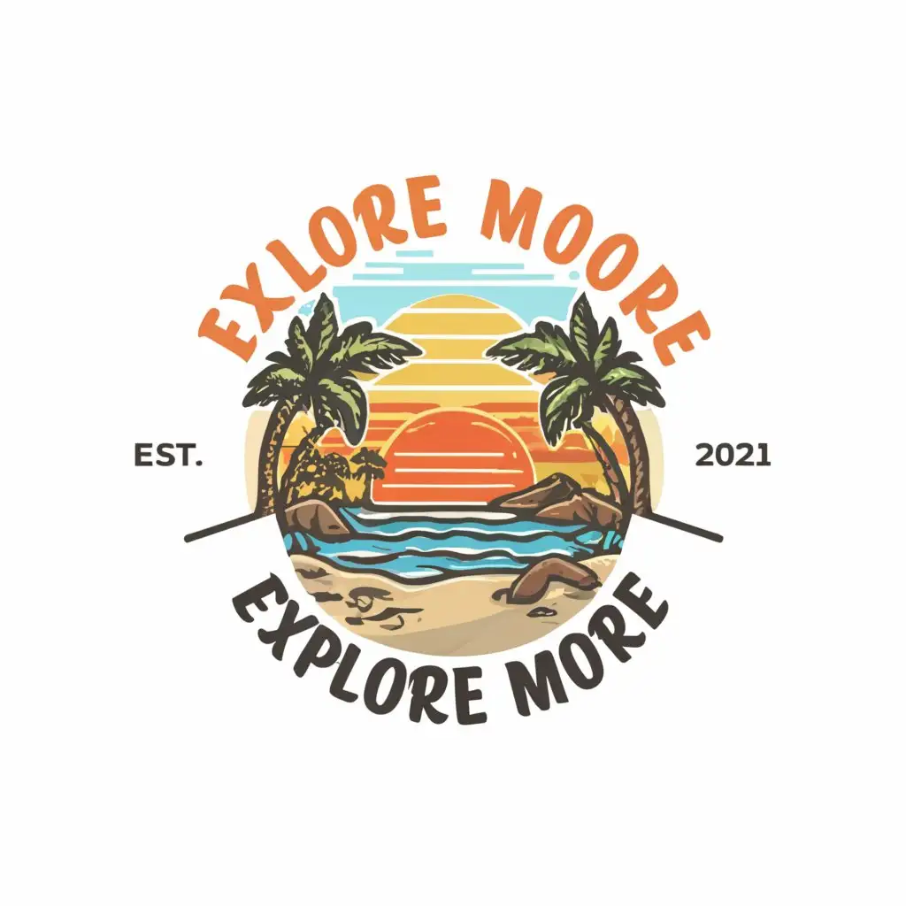 a logo design,with the text "Explore More", main symbol:beach, 
palm trees,  sunset,
mountains,complex,be used in Travel industry,clear background