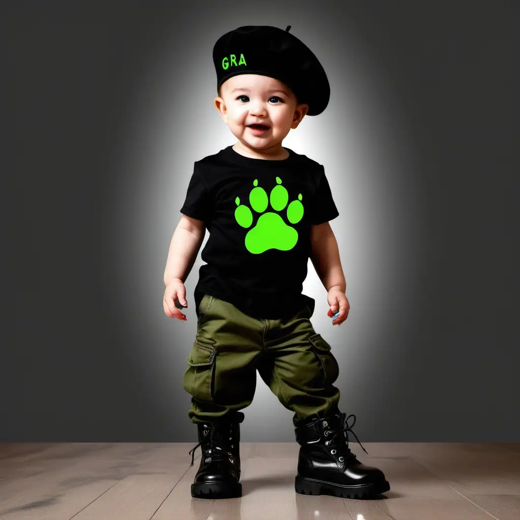 Neon Green Graffiti Sweeping Toddler with Wolf Paw Print and Military Boots