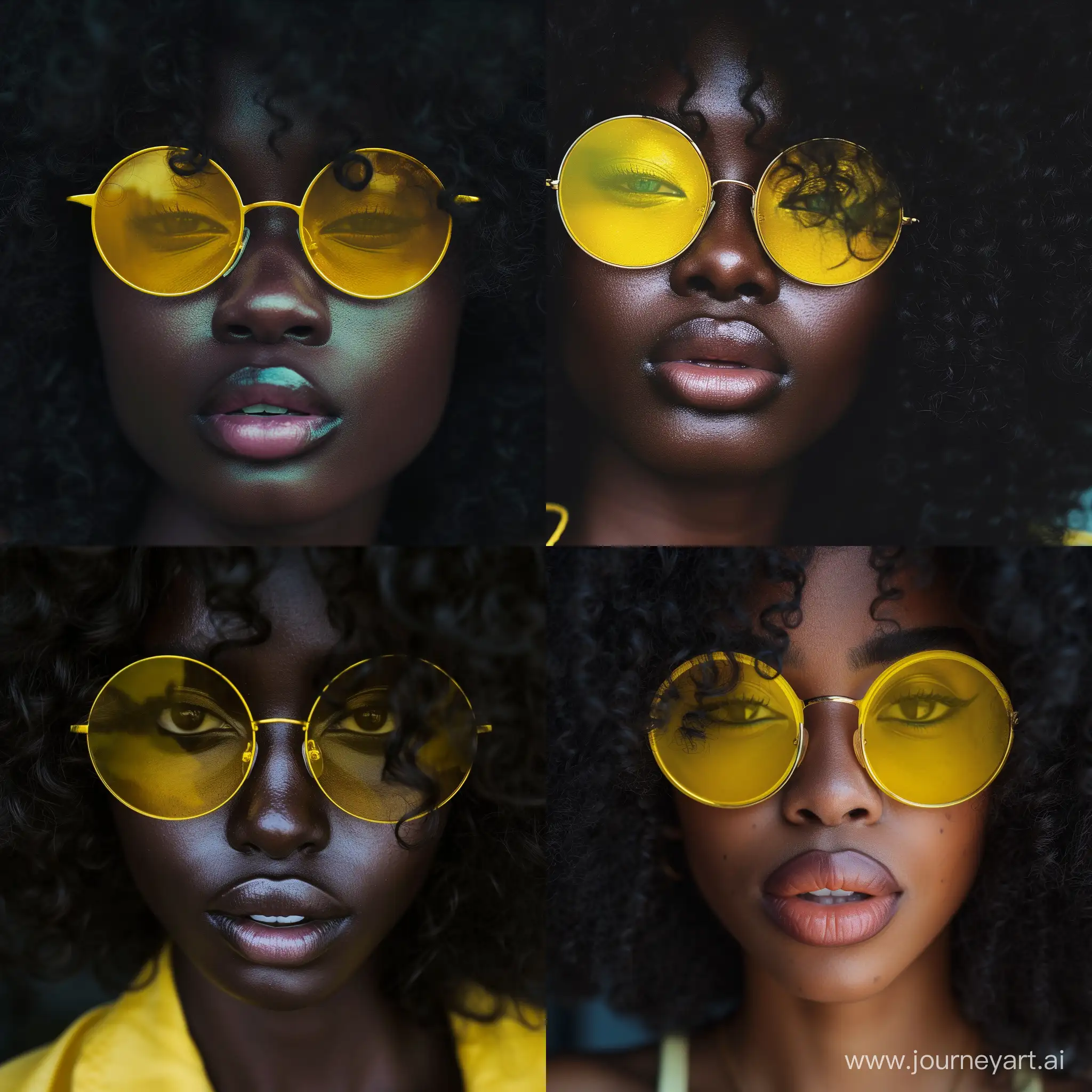 Closeup-Portrait-of-Stylish-Black-Woman-with-Yellow-Round-Sunglasses-and-Voluminous-Curly-Hair