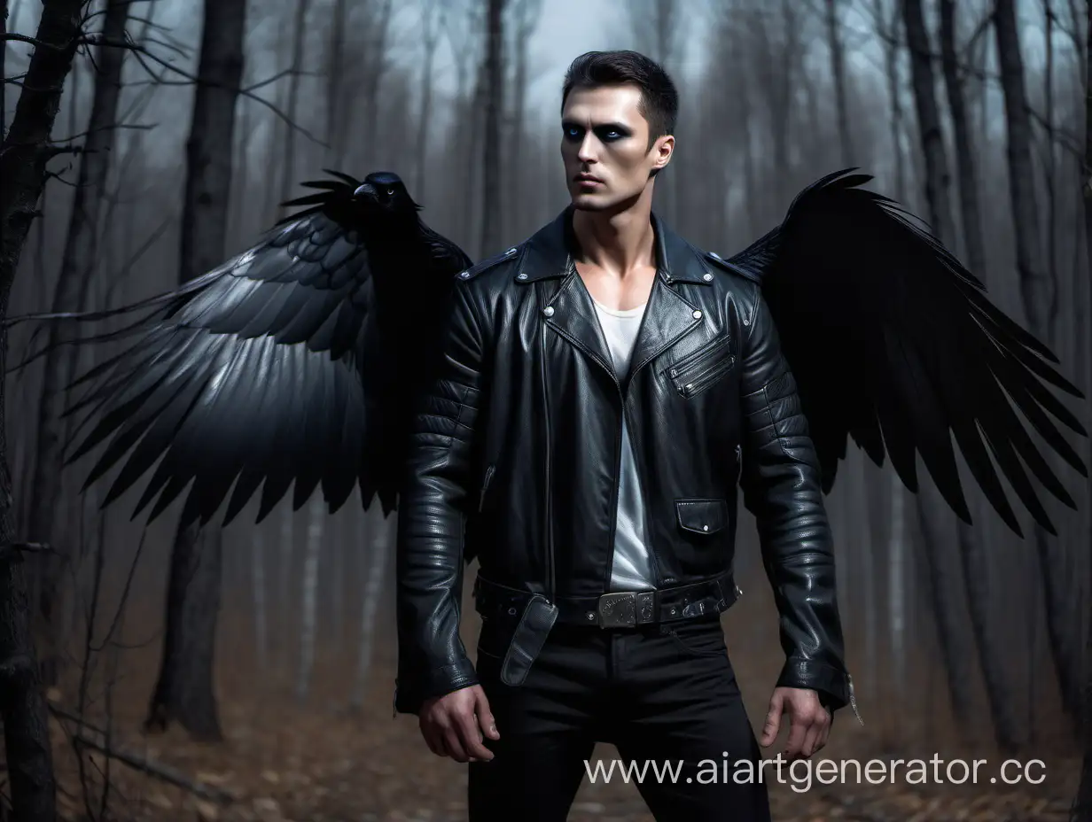 Mysterious-Russian-Man-with-Crow-Wings-in-Night-Forest