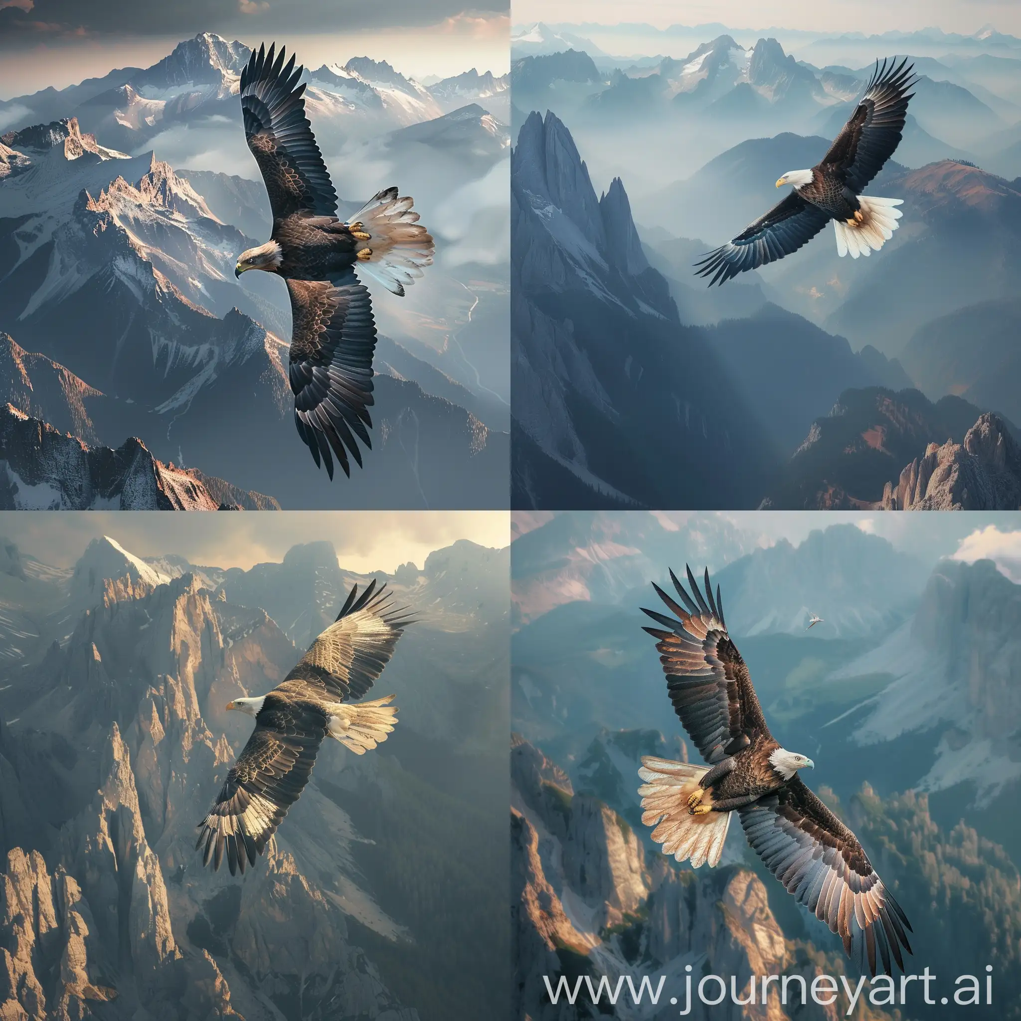 Generate an image that embodies the concept of personal growth and empowerment. The image should feature a soaring eagle against the backdrop of a majestic mountain range, symbolizing ambition, determination, and the journey towards success. The eagle should radiate strength and confidence, while the mountains should evoke a sense of resilience and perseverance. The overall composition should inspire feelings of motivation, self-assurance, and the belief in one's ability to overcome obstacles and achieve greatness.