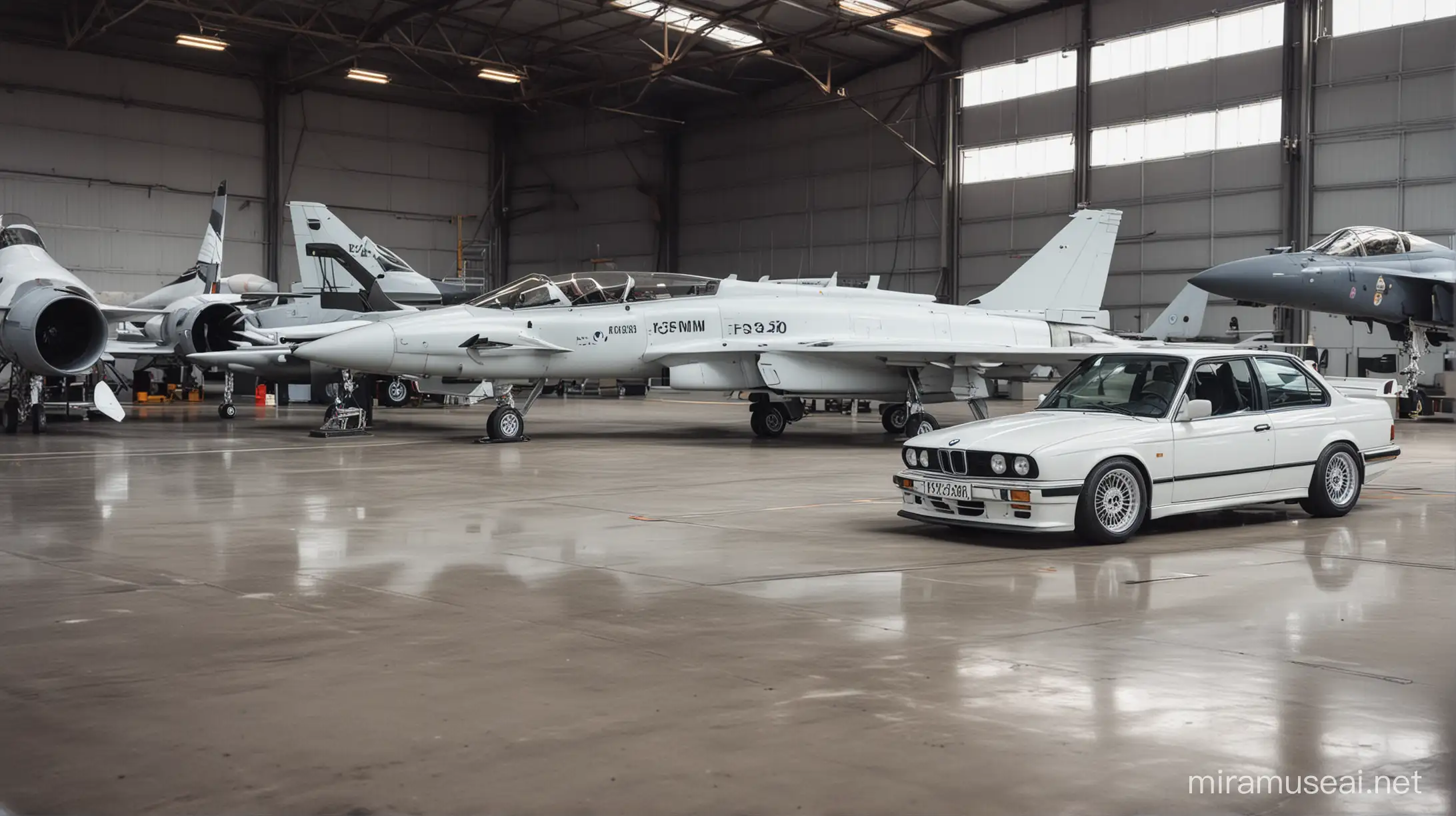 Sreet racing white BMW e30 beside F35 fighter jet, inside hangar