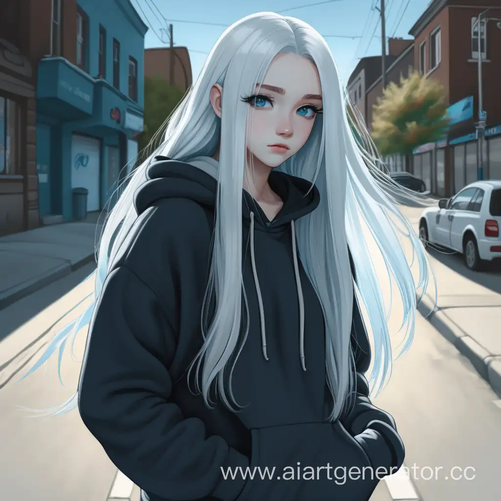 Девушка с длинными прямыми волосами белого цвета, с небесно-голубыми глазами, в тёмной толстовке и темных штанах идет по улице. Её руки она держит в карманах