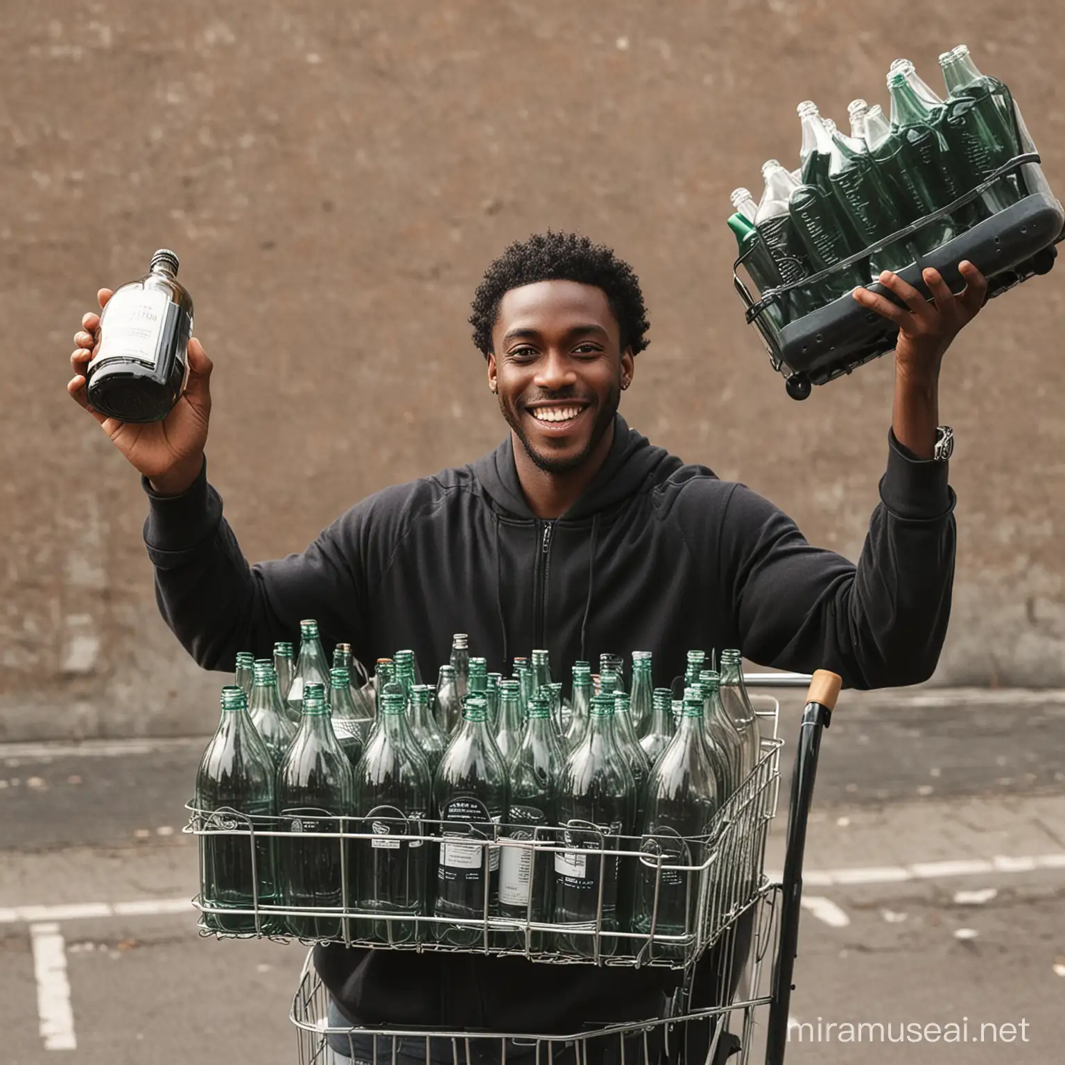 a black guy holding a trolley full of bottles smiling  and waving with one hand
