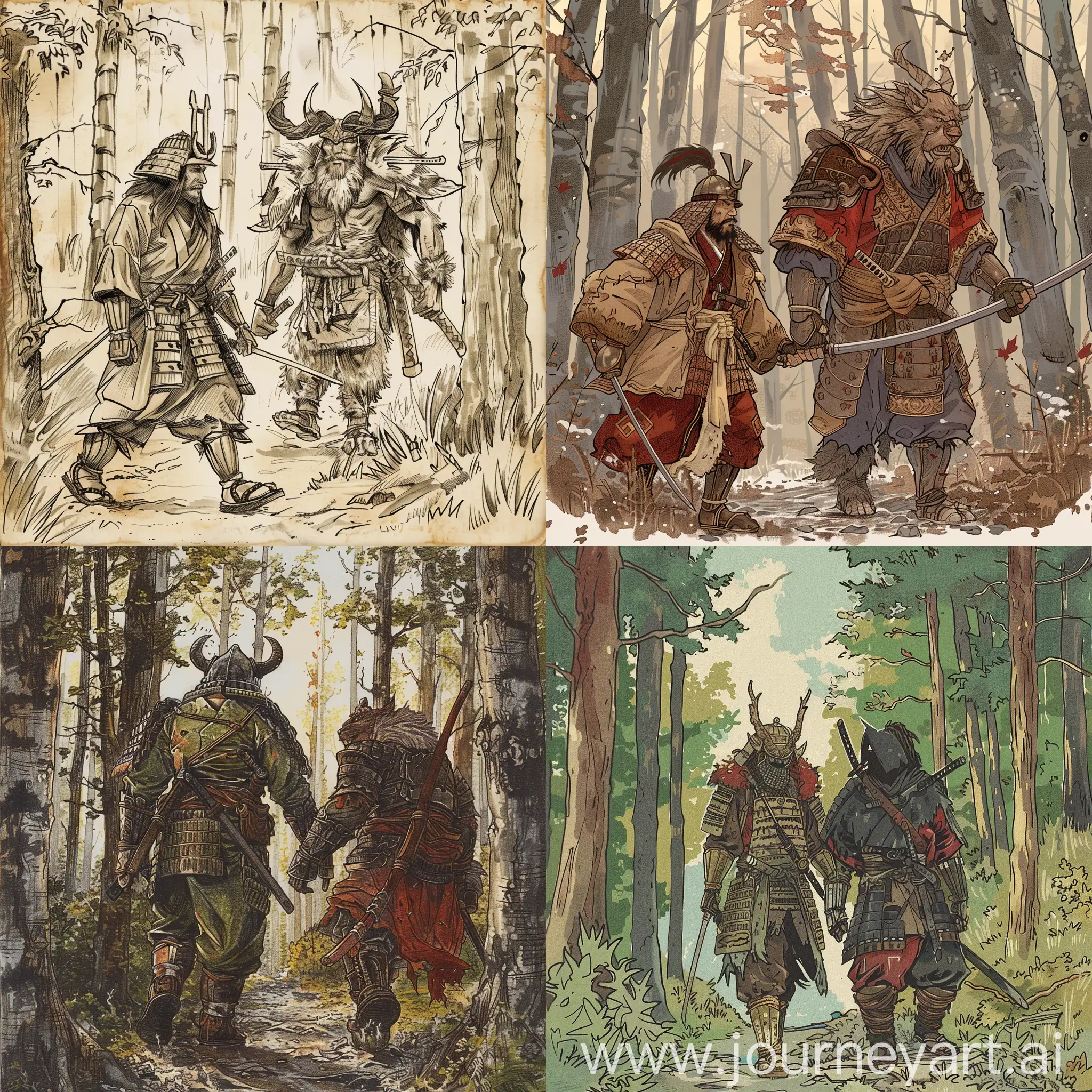 Нарисуй в средневековой стилистике как Самурай и Боготырь идут вместе по лесу