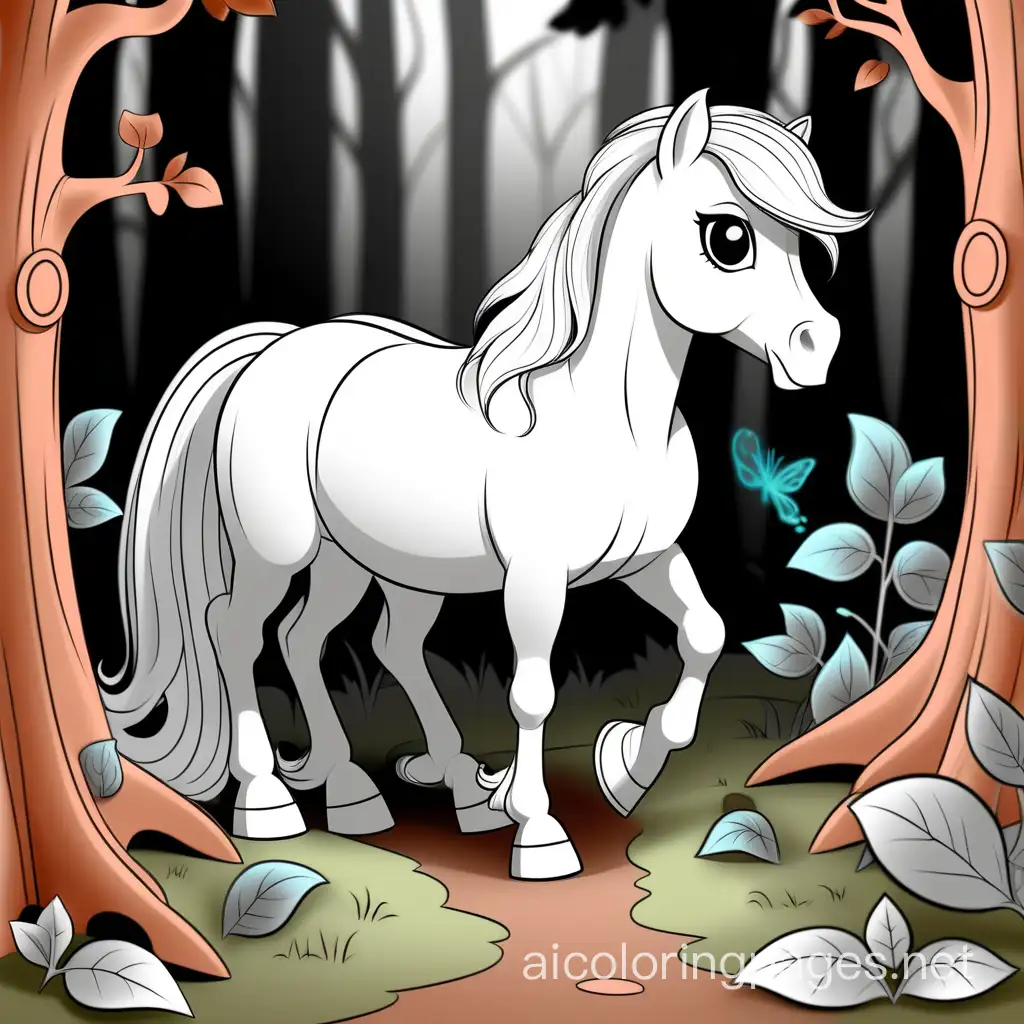 A pony in a magical forest, Coloring Page, black and white, line art, white background, Simplicity, Ample White Space. The background of the coloring page is plain white to make it easy for young children to color within the lines. The outlines of all the subjects are easy to distinguish, making it simple for kids to color without too much difficulty