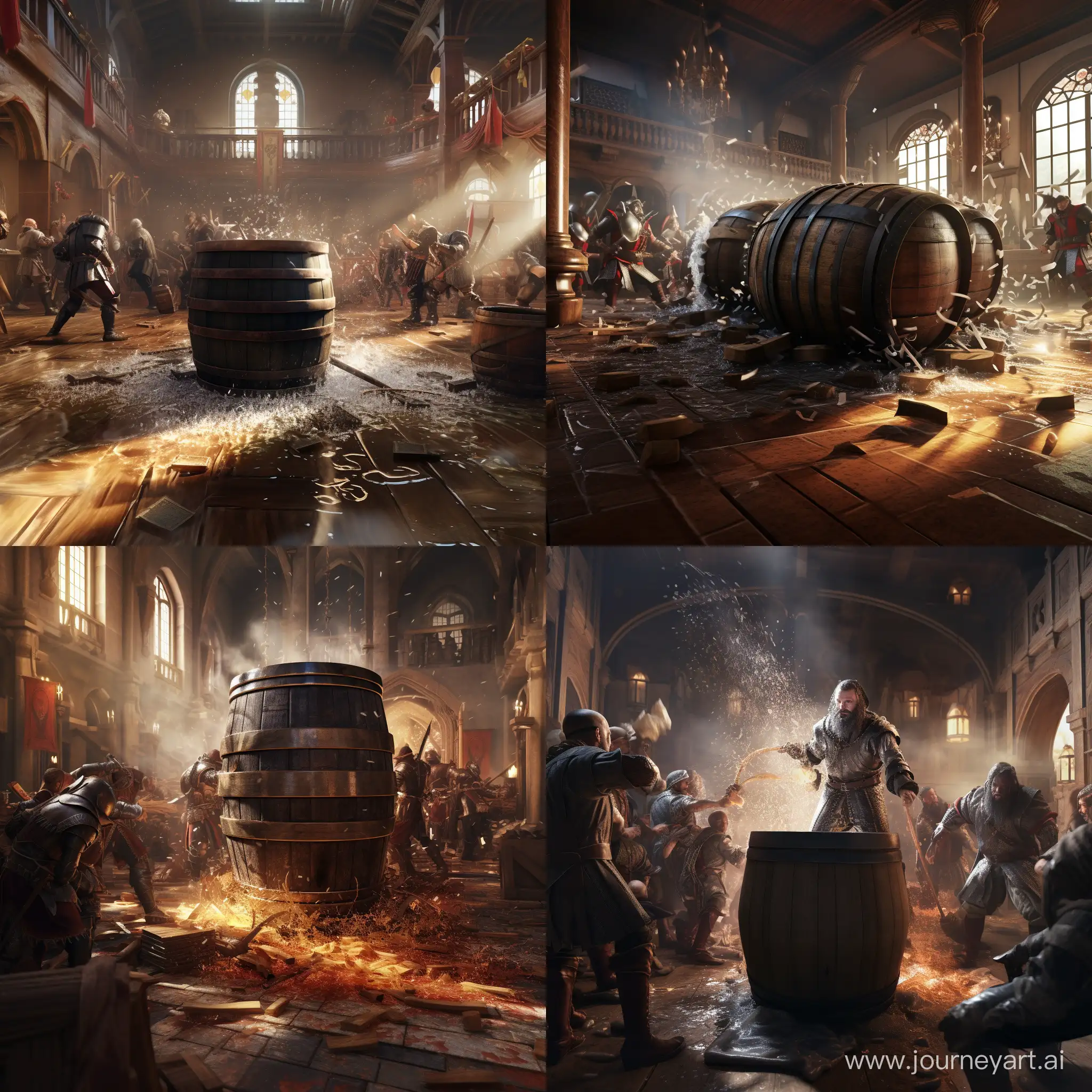 Medieval-City-Guards-Smashing-Rum-Barrels-in-Renaissance-Warehouse