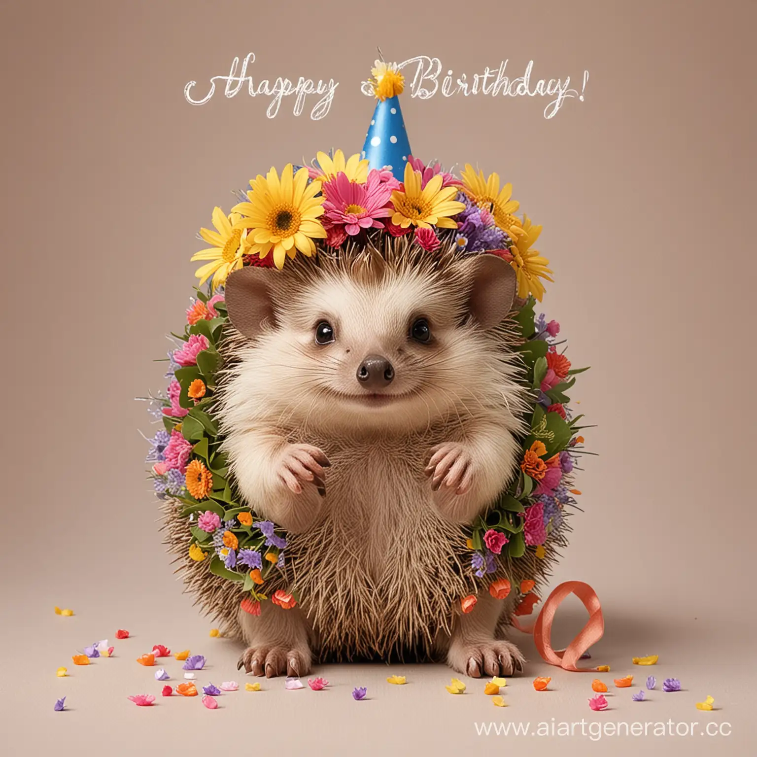 hedgehog with a bouquet of flowers in his paws wishes Happy birthday, text; Happy birthday