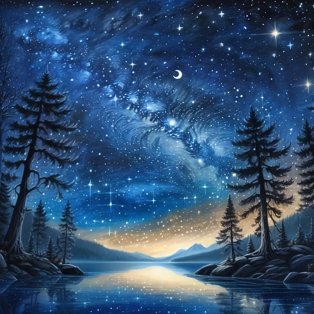 Title: "Starry Serenity: Mid-Journey Beneath a Celestial Canvas" Disney style  Description: Picture a tranquil night-time scene where the vast expanse of the sky is adorned with an array of twinkling stars, creating a mesmerizing celestial canvas. In this mid-journey moment, the world below is bathed in the soft glow of starlight, setting the stage for an enchanting exploration.  the night sky becomes a breathtaking tapestry of indigo and deep blues, with the stars casting their ethereal radiance upon the Earth. The beauty of the cosmic display is accentuated by the silhouettes of trees or mountains, adding a touch of mystery to the scene.  Illustrators, bring this enchanting moment to life by capturing the magic of a night sky filled with stars. Use deep, rich blues to convey the vastness of space, and let the stars sparkle with a gentle glow. Whether the characters are on a quiet path, by a serene lake, or within a mystical forest, let the brilliance of the stars guide the narrative of this mid-journey adventure beneath the celestial expanse.



