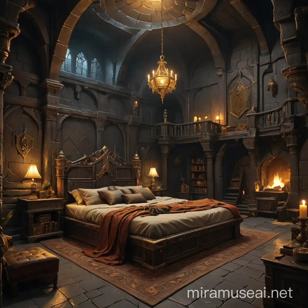 Dungeons and dragons, big room with big bed and some stuff in it, dark ambience, gold detailed