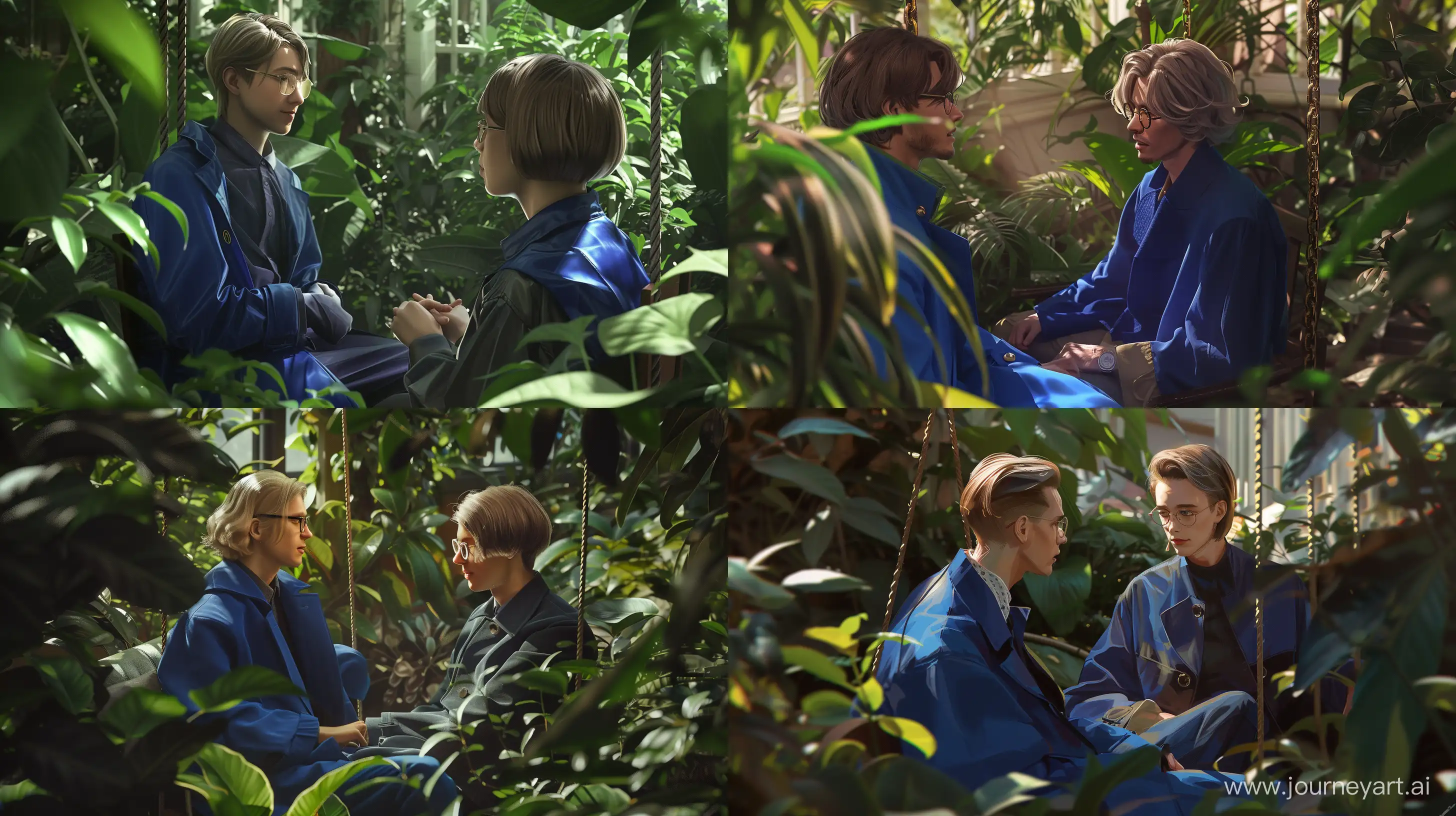 A fair-haired guy in a blue coat and a guy with a bob haircut and glasses are sitting on a swing, surrounded by lush greenery of the garden. They communicate and reminisce. The mood is filled with nostalgia and tranquility, capturing moments of memories of the past. The image must be made in a bright, realistic 8k style. --ar 16:9 --q 2