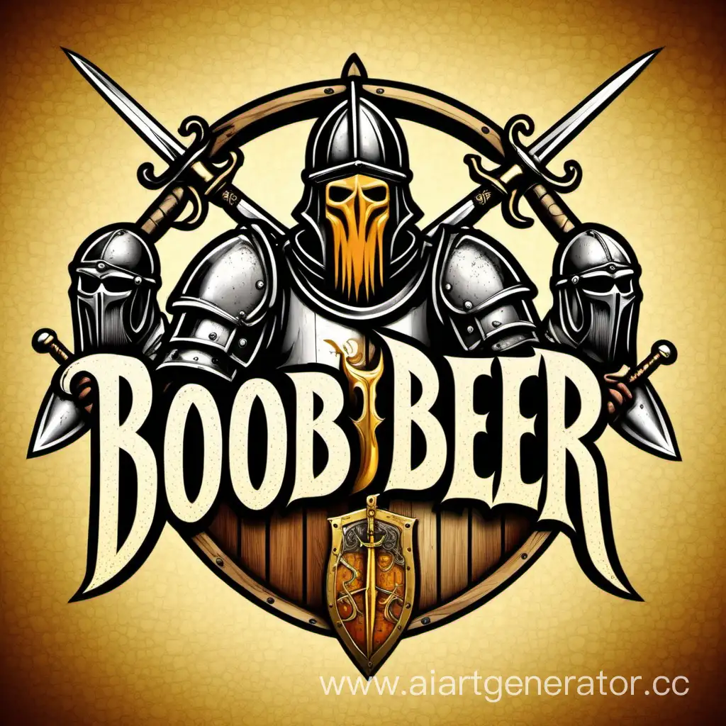 Логотип средневековой банды с пивом и текстом по середине "Сиська Пива" с мечами щитами и рыцарем