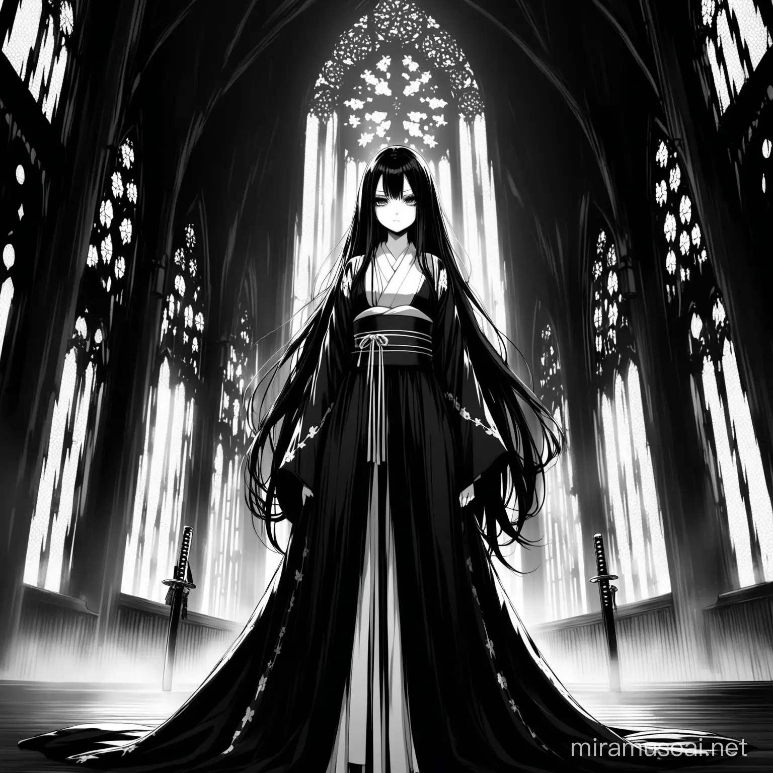 black and white, anime girl, very long black hair, pale skin, long black kimono, katana, ghotic church 