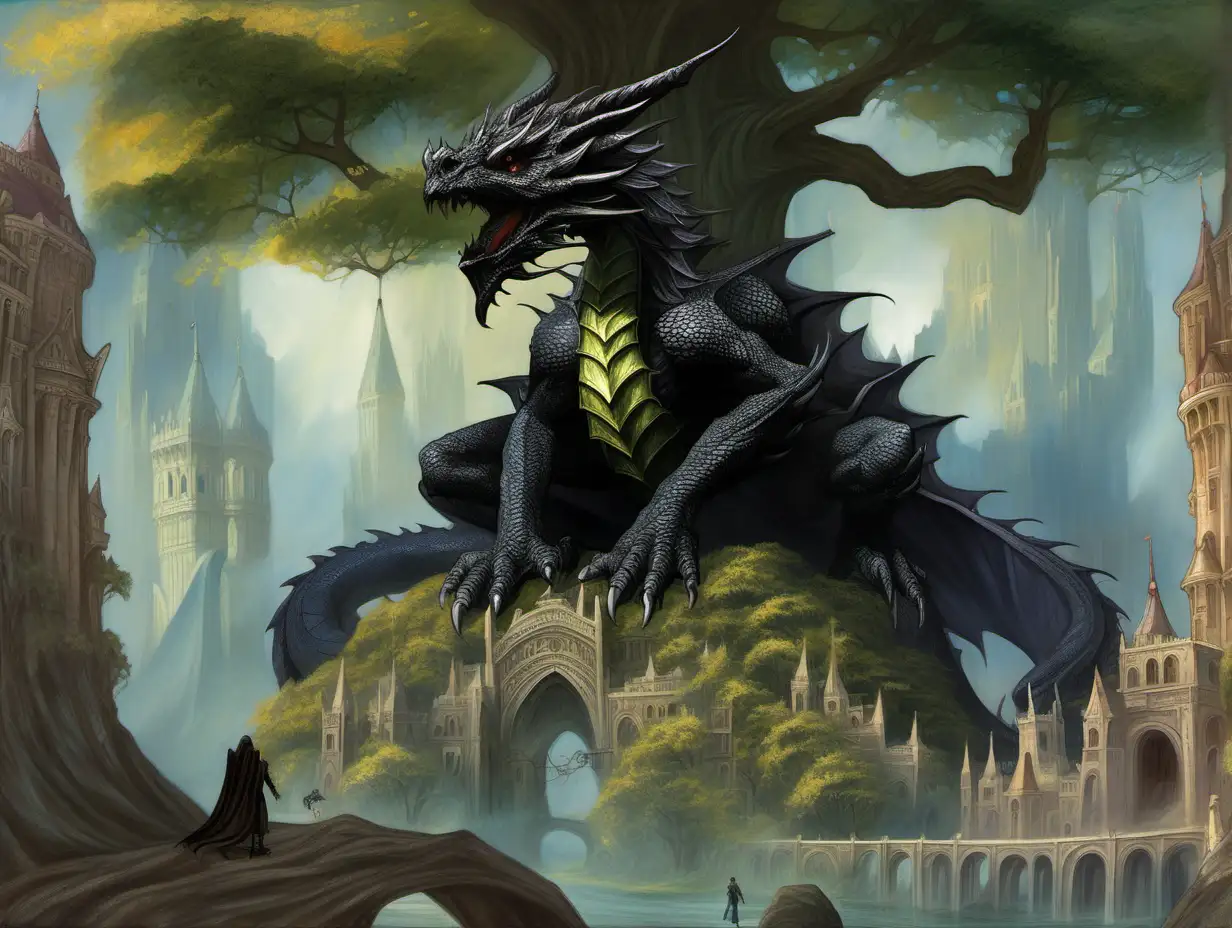 black dragon, elf tree city, giant tree forest, Medieval fantasy painting, MtG art