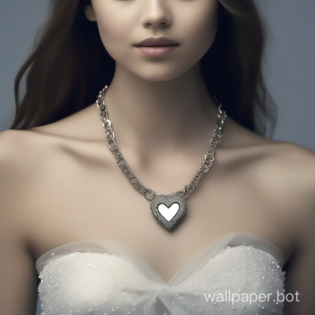 A photo taken shows a close-up of a young woman wearing a short dress with tulle sequins embellished with a sweetheart neckline and a delicate necklace that perfectly blends feminine elegance and fashion, consisting of a delicate chain and a gorgeous heart-shaped pendant, made of delicate Composed of a chain and a gorgeous heart-shaped pendant, it shows charming charm and taste. Add an excellent visual focus to the neck, show the girl's personality and taste, and create a unique visual effect. Through the processing of light and details, the brightness and texture of the necklace are highlighted. Make sure that the girl's image and the necklace she designs complement each other, balancing and complementing each other. The final design is a real photo, and the final design should be stylish and impressive.