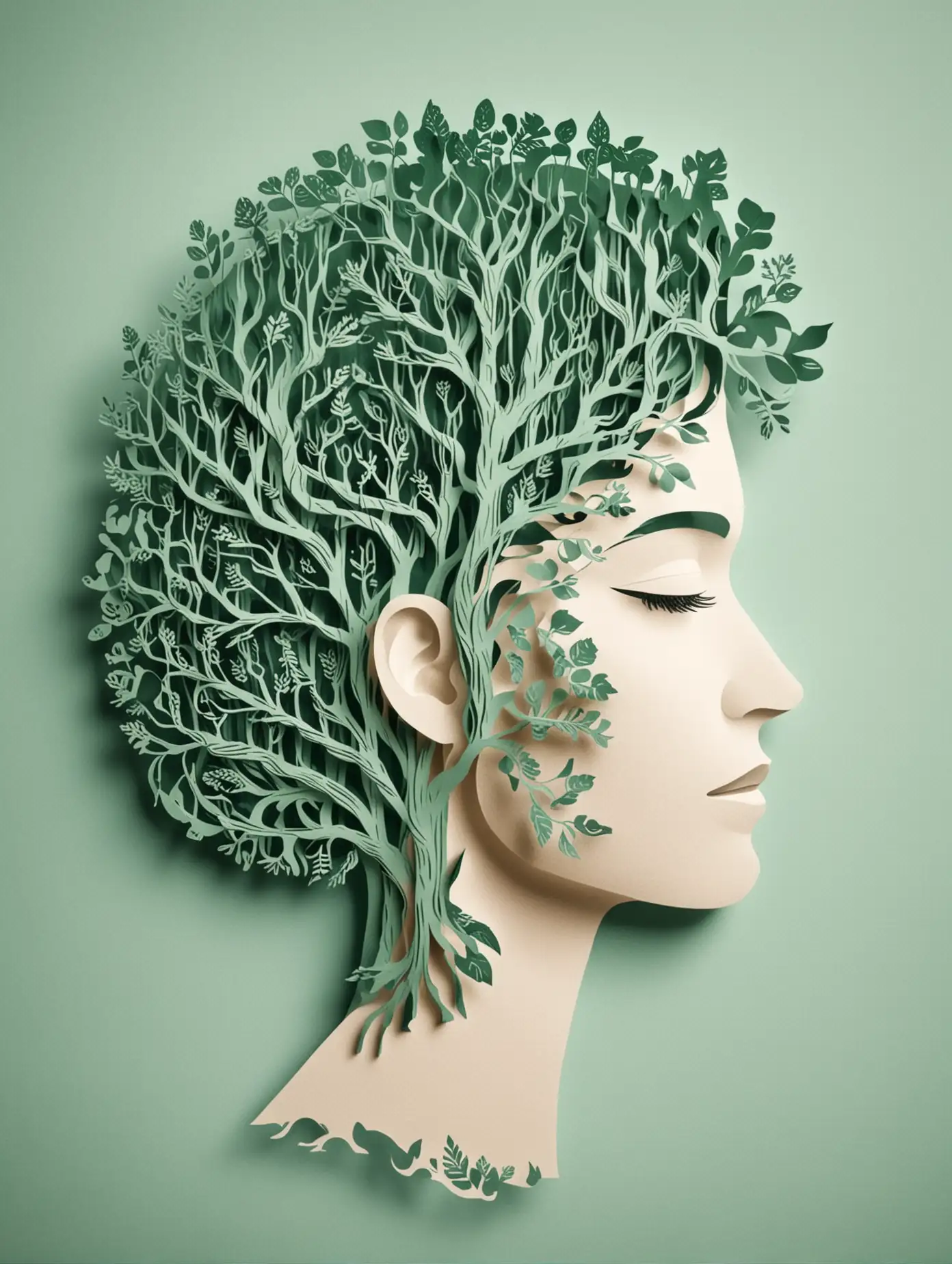 woman with Environmental protection and rivers in his brain,paper cut