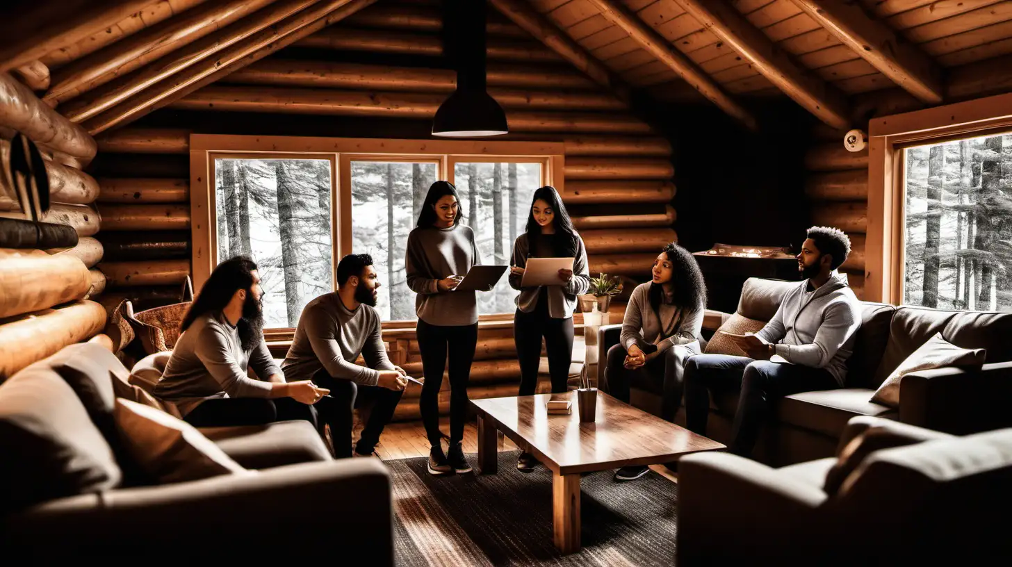 team setting goals in a relaxed cabin environment
