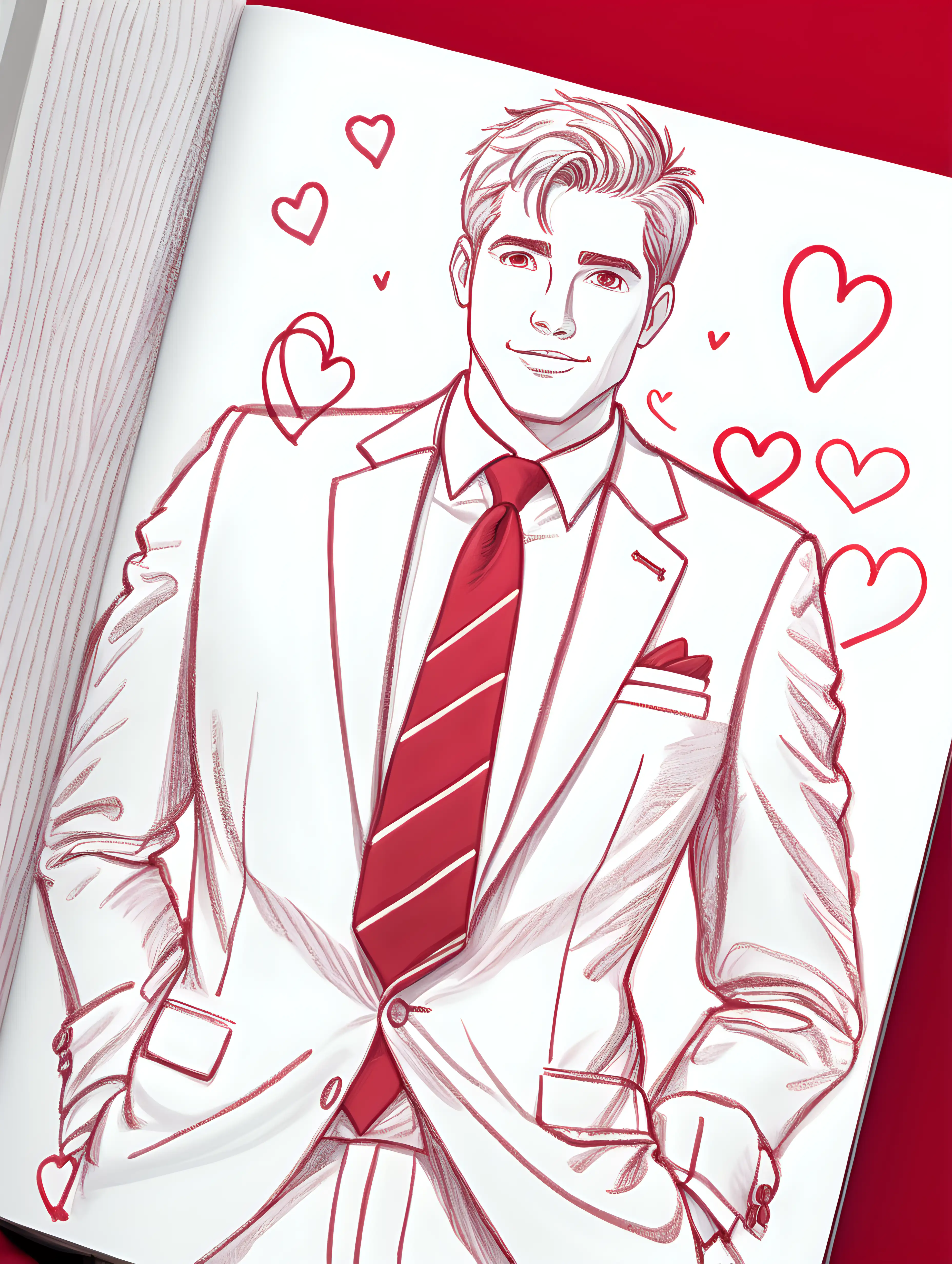 A book cover close-up sketch of a desugner suit and crimson tie, zoom in on the collar, in a rom-com animation style of THAT GUY book cover, with red hearts sketched in the background