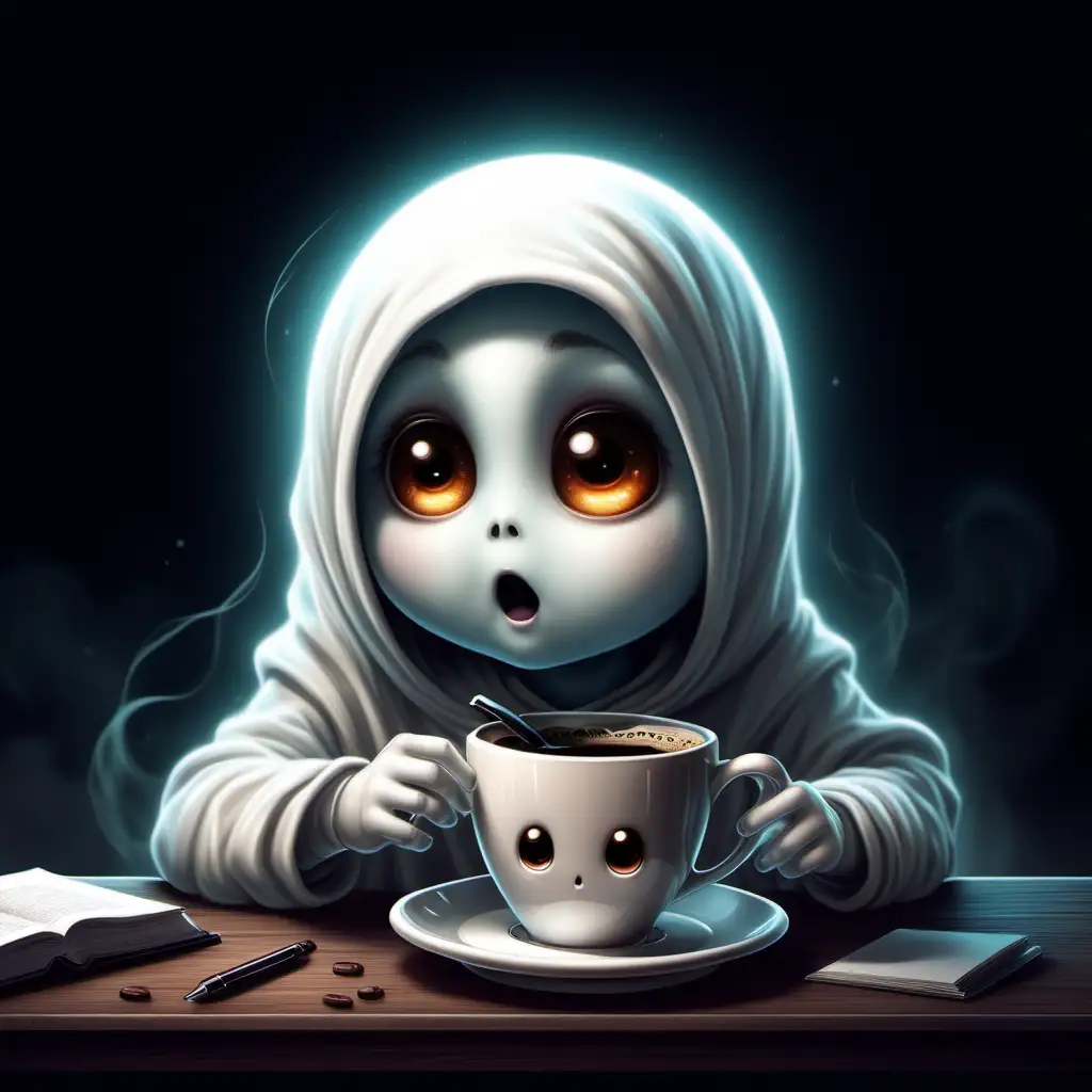 Adorable Cartoon Ghost Child Sipping Coffee with Playful Charm