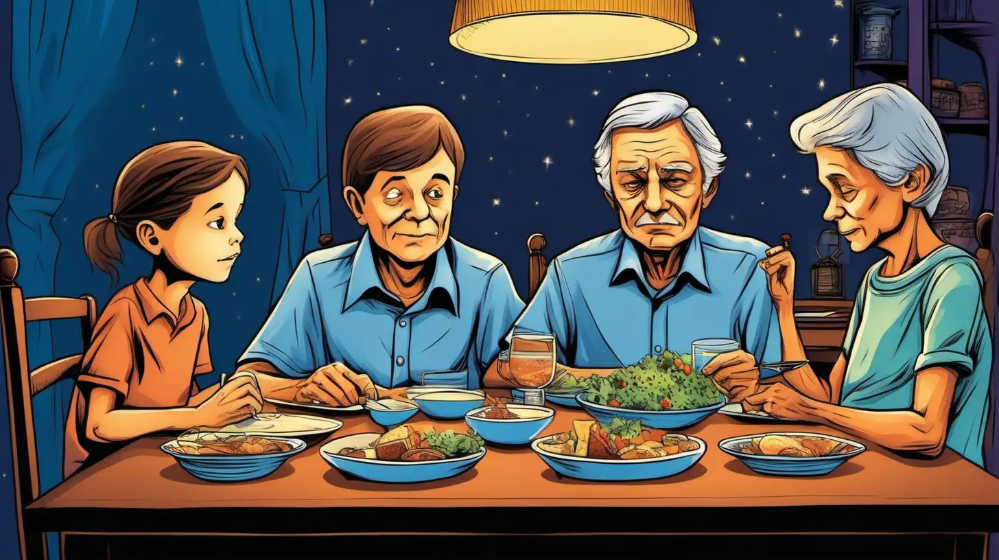 illustrate A ten years old brown hair  blue shirt  boy sitting dinner table and thinking  with his family ,nighther, grandmother and grandfather including this family