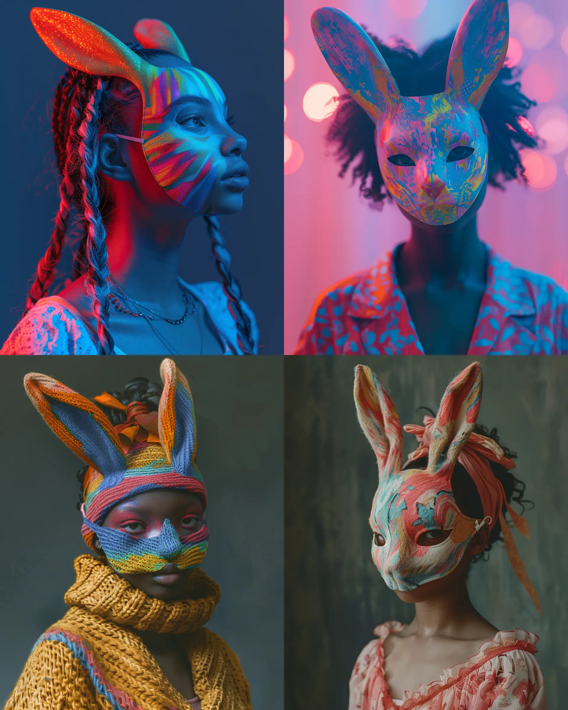 a girl wearing a colorful rabbit mask, in the style of moody neo-noir, matte photo, Alastair Magnaldo, David Choe, Kehinde Wiley, soft lighting, shot on 70mm --ar 51:64 --s 250 --style raw
