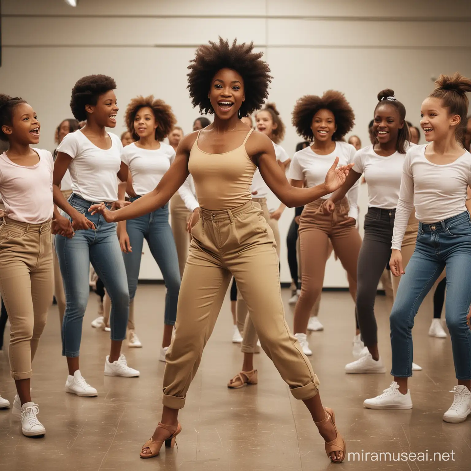 Create a picture with a dance choreographer of African American decent. Let her be a woman fully clothed teaching a group of girls

