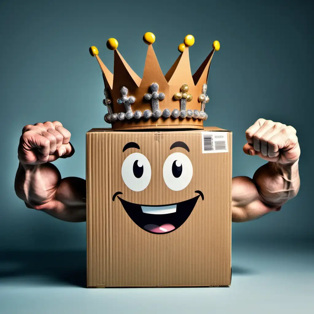 smiling cardboard box wearing a crown with arms with huge biceps  on each side