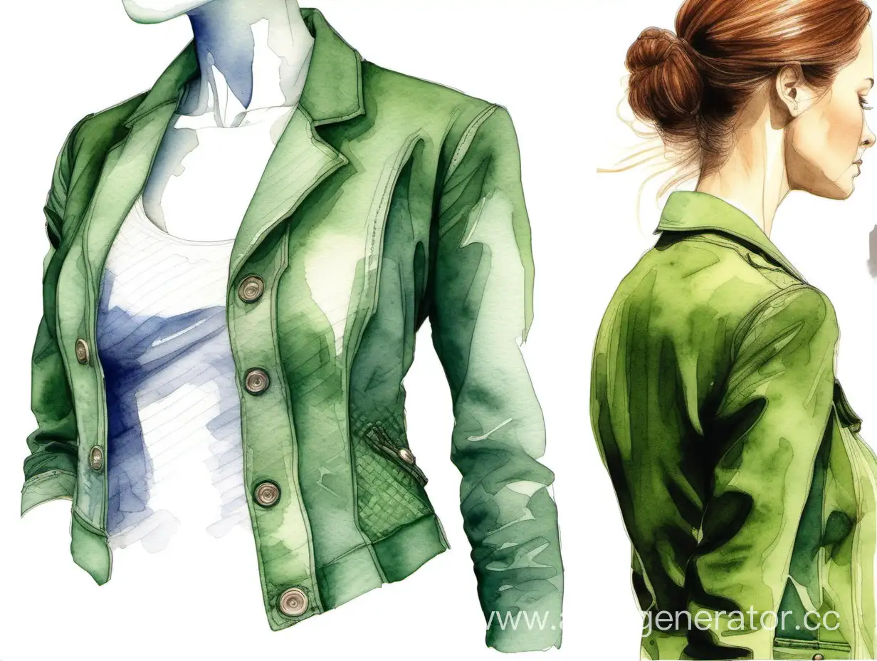 Detailed-Watercolor-Illustration-Womans-Green-Jacket-Fitted-Sleeve-Construction