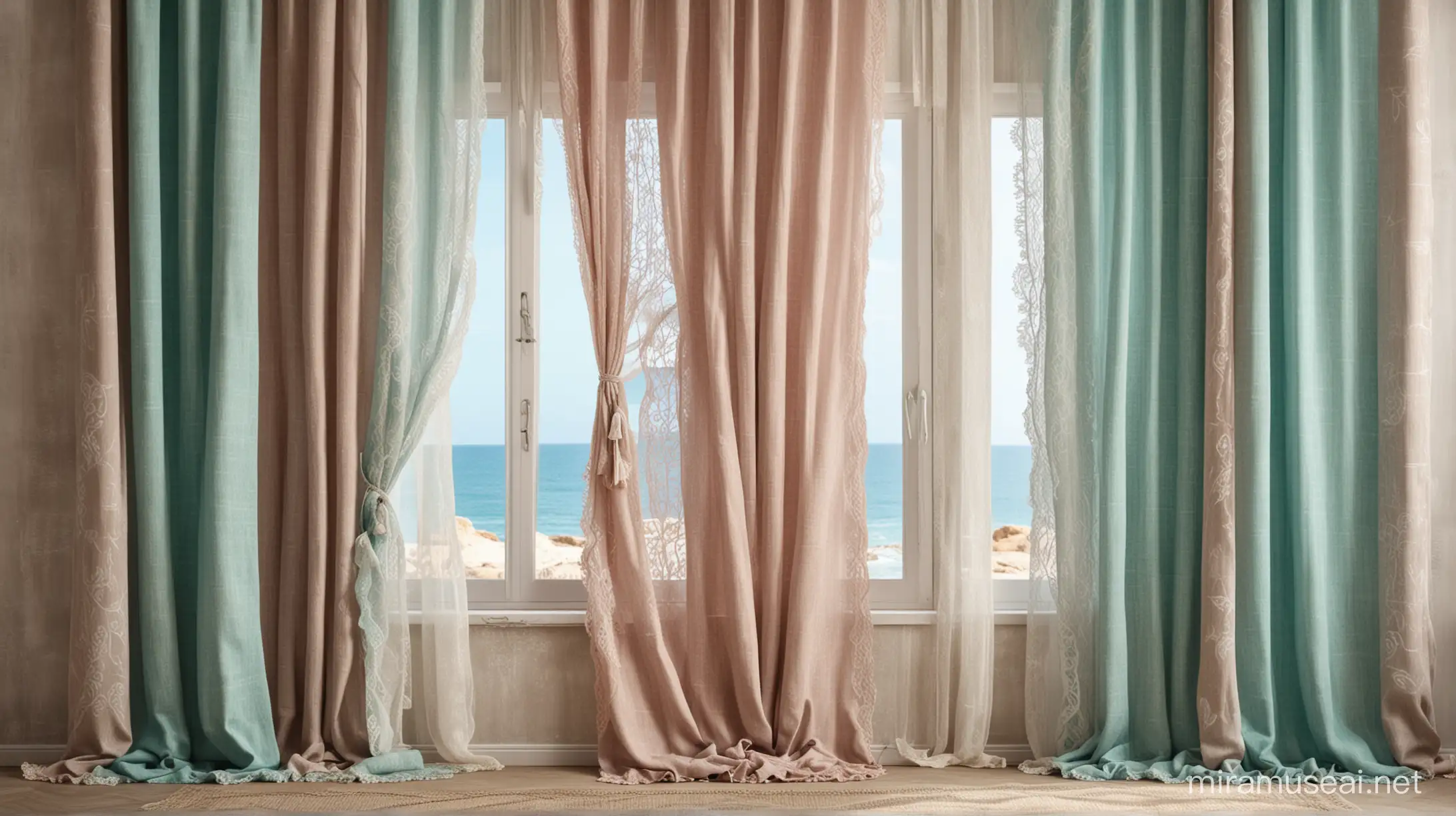  fondo ventana con cortinas rusticas con encaje , tonos arena malva y turquesa