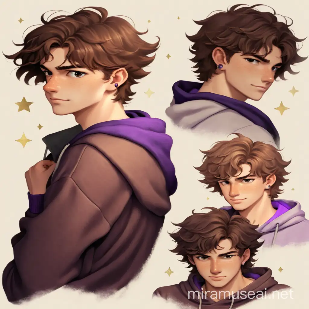 Young Man in Stylish Purple Hoodie with Light Brown Hair and Freckles