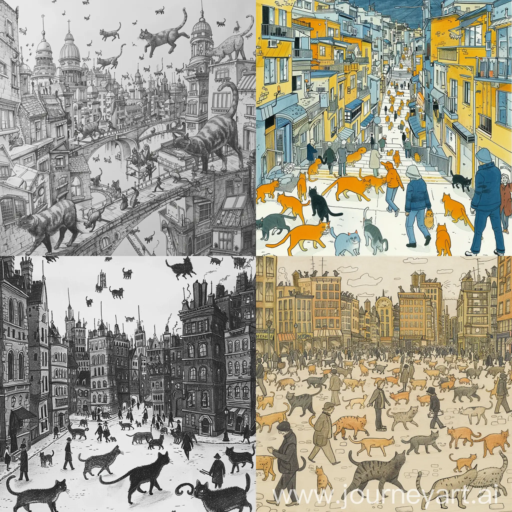 Нарисуй город где за место людей ходят коты, а за место котов люди,