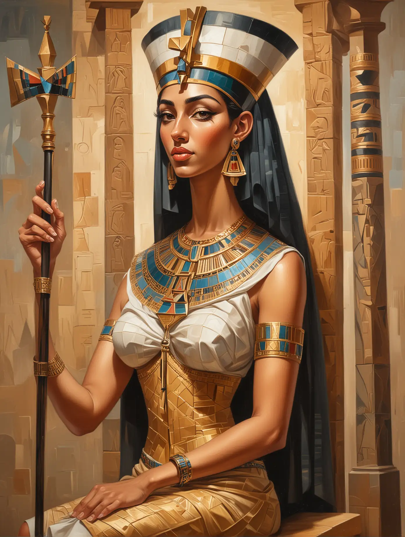 a cubist style oil painting of Cleapatra, queen of Egypt, with her majestic cloth sitting on throne of egypt and holding the sticks of Feroh of Egypt