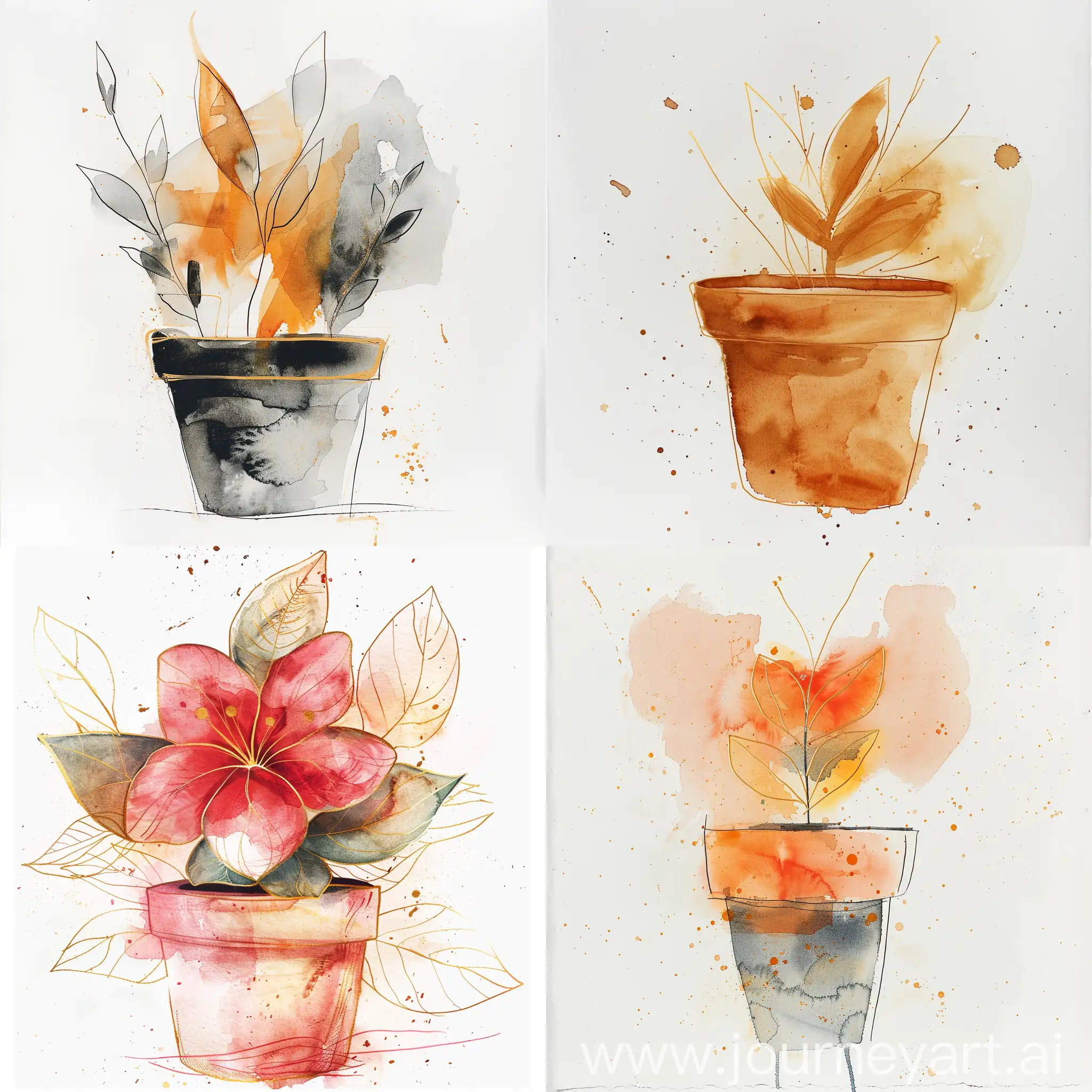 Watercolor technique on white background, flower pot in Eelke jelles elkema style, very beautiful golden lines are used in the painting.
