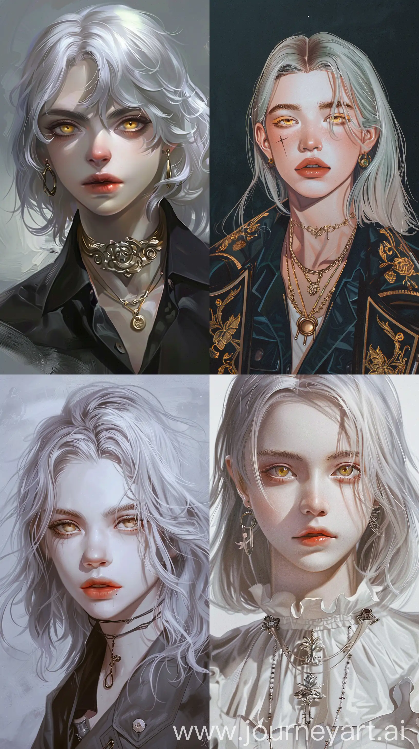 cinematic detailed illustrations of a 22 years old gerl, with medium length platinum hair, pale golden eyes, wears expensive things, a beautiful guy, in a aesthetic background 1980s anime in the style of victoria goth, realist detail, pulp comics - --ar 9:16 --s 40