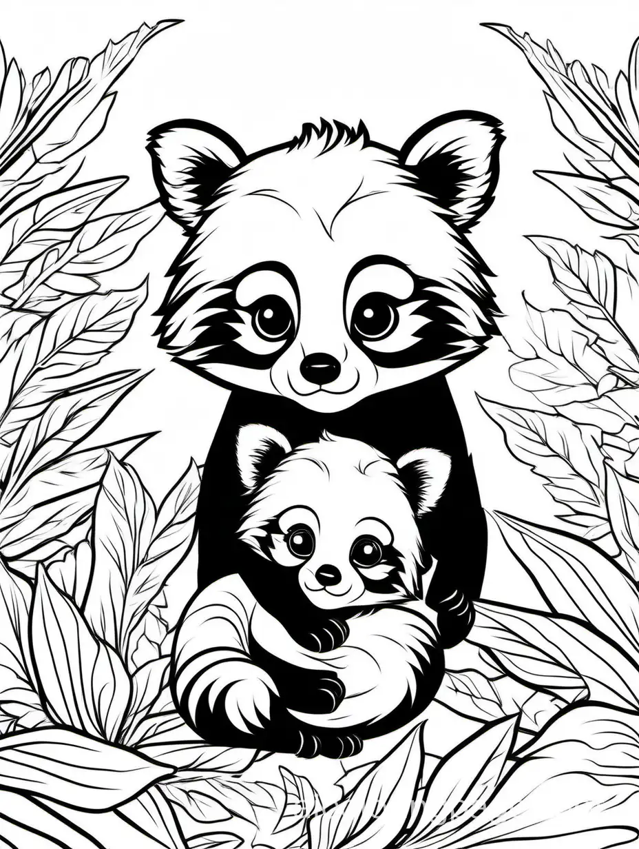 cute Red panda   Foal and his son for kids, Coloring Page, black and white, line art, white background, Simplicity, Ample White Space. The background of the coloring page is plain white to make it easy for young children to color within the lines. The outlines of all the subjects are easy to distinguish, making it simple for kids to color without too much difficulty
