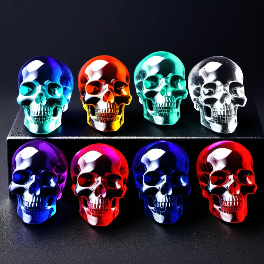 Collection of Vibrant Crystal Skulls in Various Colors