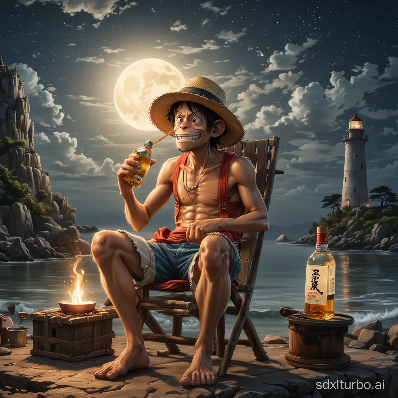 Monkey man Luffy wearing a straw hat, sitting on a small chair holding a soju bottle while grilling fish, front view. with the full moon background of an ancient lighthouse.
