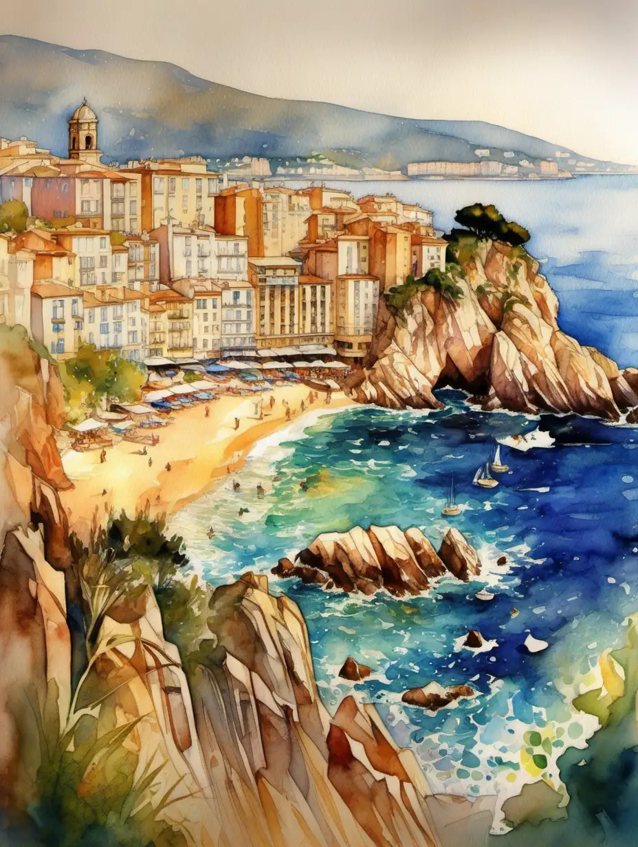 Catalunya Costa Brava shore by ALPHONSE MUCHA + LEONID AFREMOV SPECTACULAR VIEW, Watercolor, trending on artstation, sharp focus, studio photo, intricate details, highly detailed, by greg rutkowski