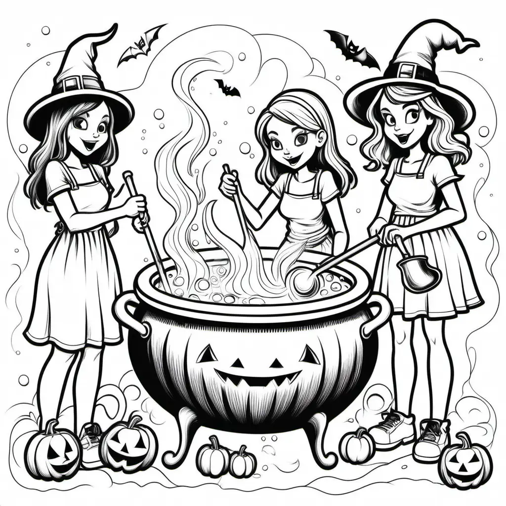 simple black and white halloween coloring book of teenagers stirring a bubbly cauldren 