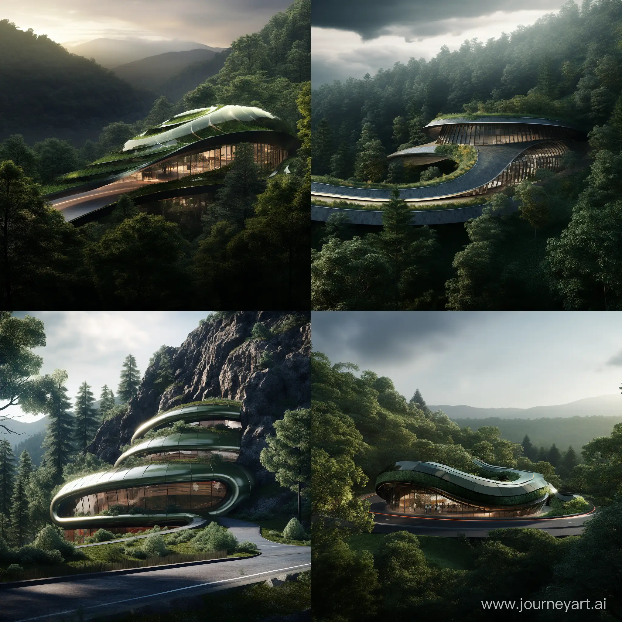  render of a curved, green, windowless building with metal covering  in mountain full of tress and a road in the front
