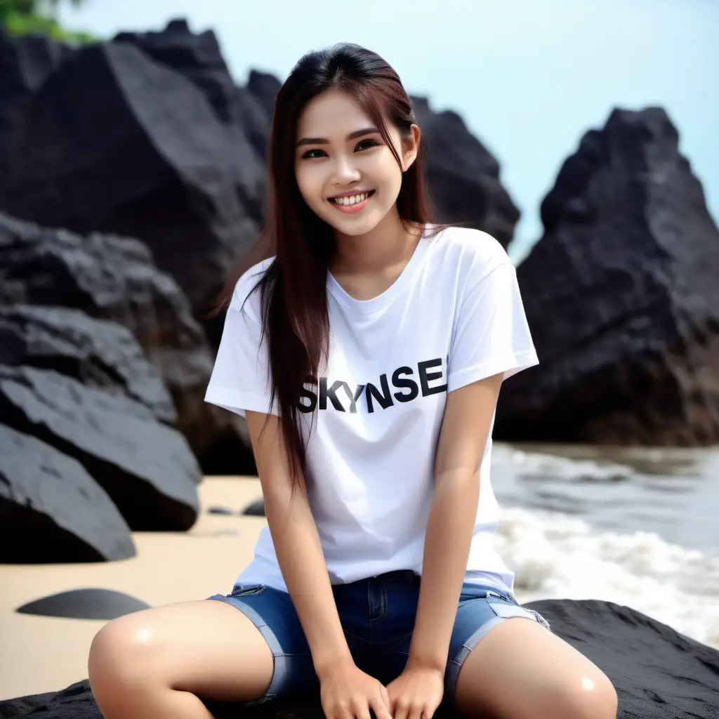 Smiling Thai Woman in Wet White TShirt and Jeans on Beach Rock