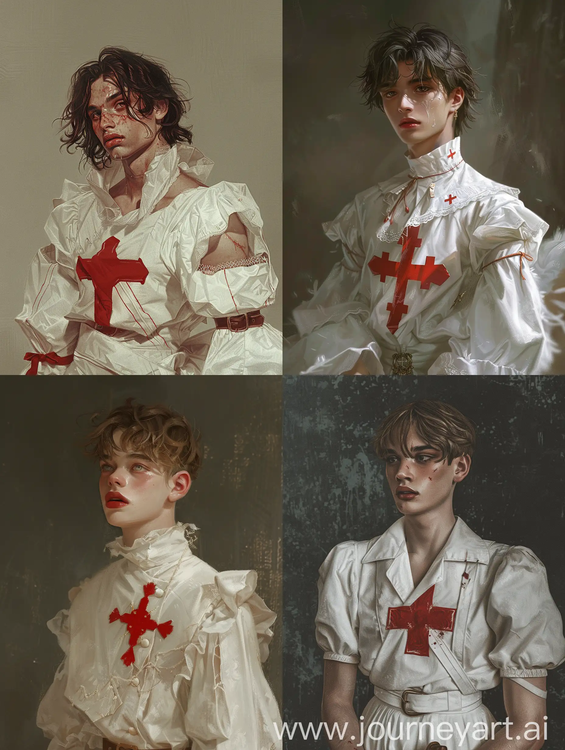 Ethereal-Angelic-Figure-Delicate-Young-Man-in-White-Garb-with-a-Red-Cross