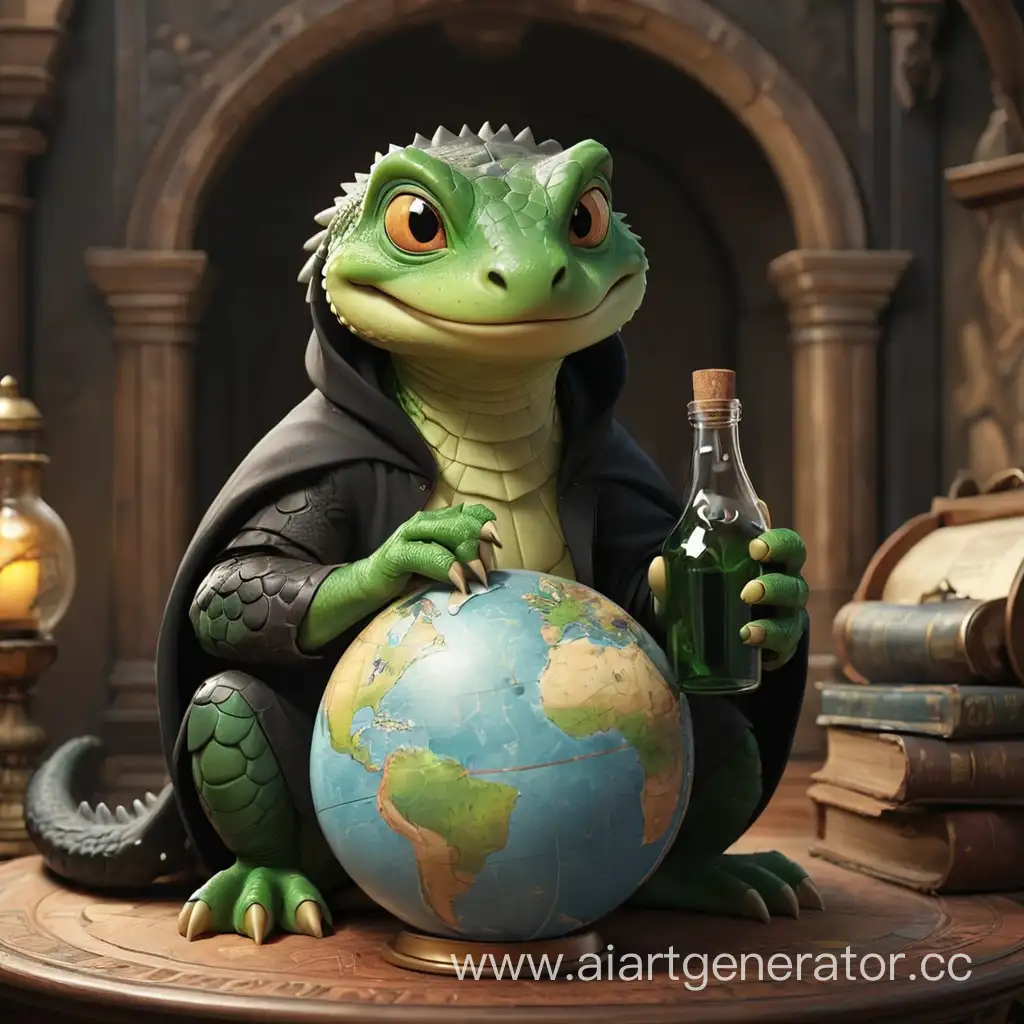 Cartoonish-Reptile-in-Black-Mantle-Contemplating-Globe-with-Bottle