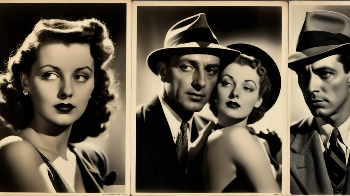 realistic photo lobby-cards from a 1940s film noir, called ‘The Enderby Locket’, with a ruffian detective and a sultry lady thief