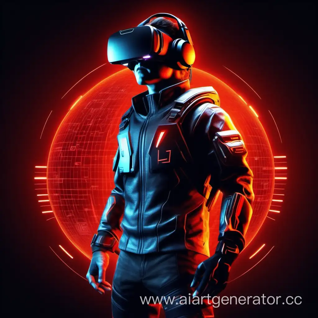 Игровой персонаж, в VR шлеме, на черном фоне, в красно оранжевых свечениях, с надписью на одежде Cyber Space, 4k