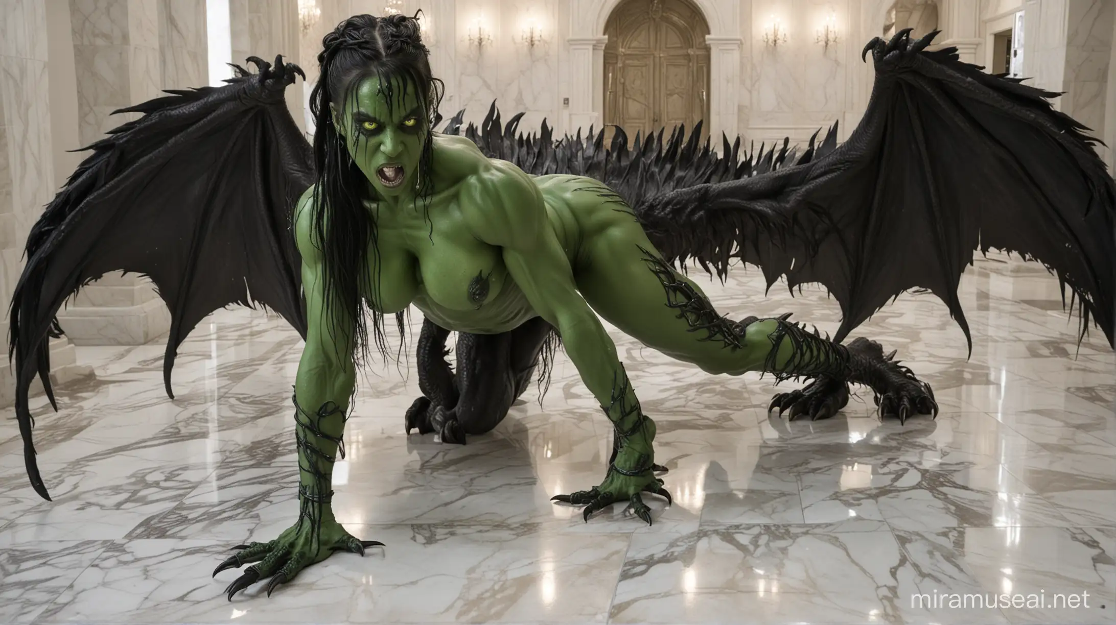 Female naked muscular bodybuilder, female demon, glowing green eyeballs, long black braided hair, drooling, screams, fangs, pregnant, oiled black skin, horns, very muscular, goosebumps, claws, huge dragon wings, feet claws, crawls on a white marble floor