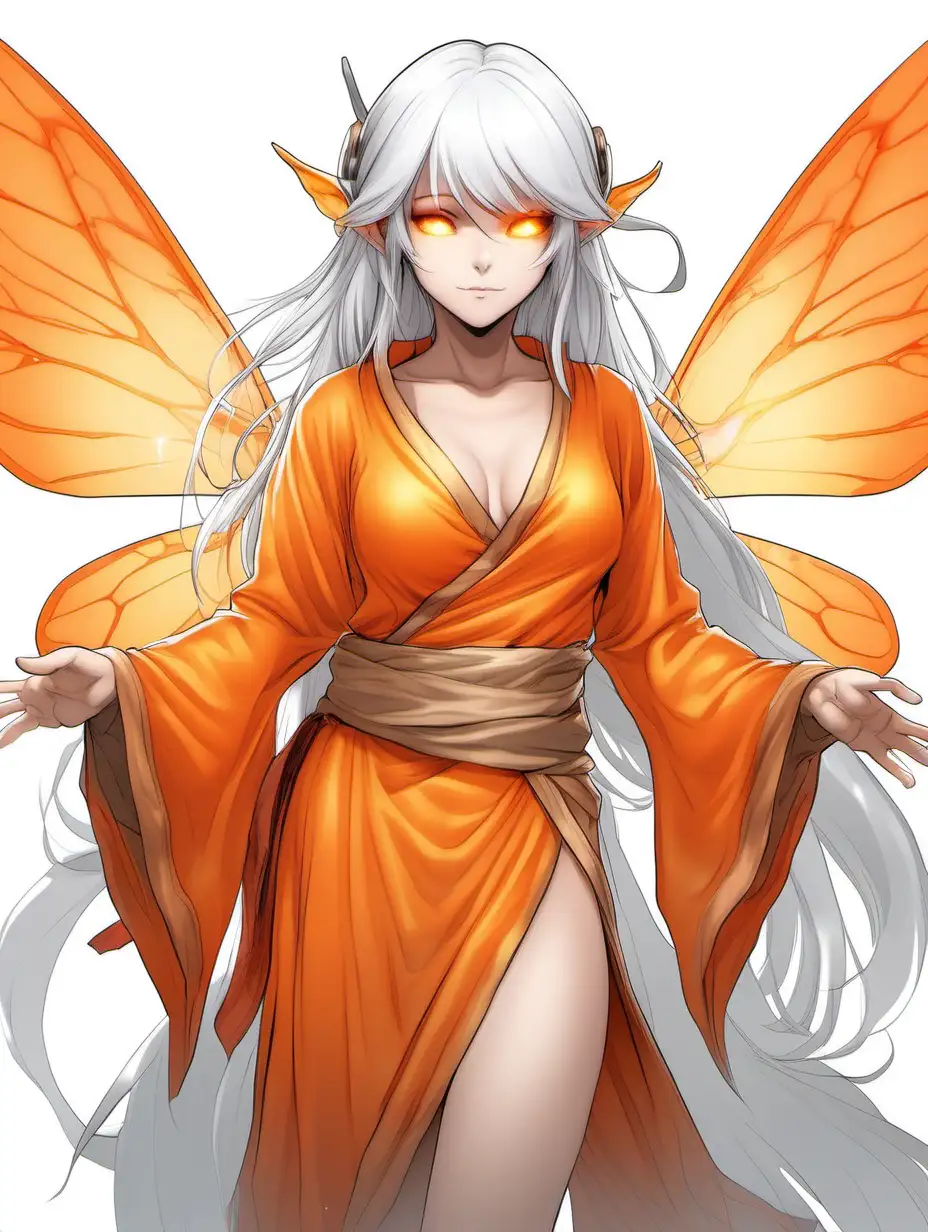 Enchanting WhiteHaired Fairy Monk in Orange Robes with Translucent Wings