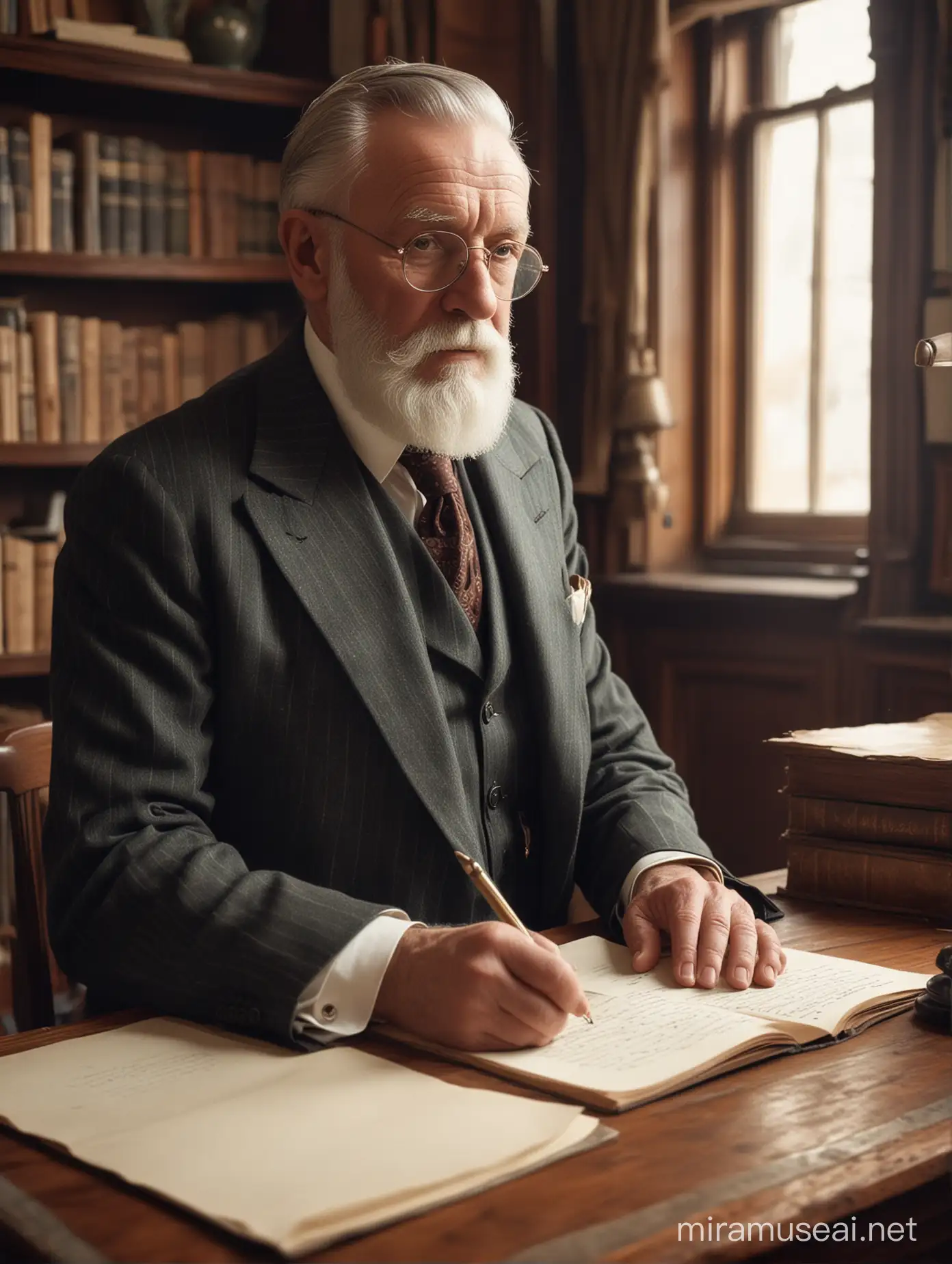 Anciano de barba prolija, vestido con traje a la moda de 1930, escribiendo detrás de un escritorio de madera, en una habitación con biblioteca, en una casona antigua.
