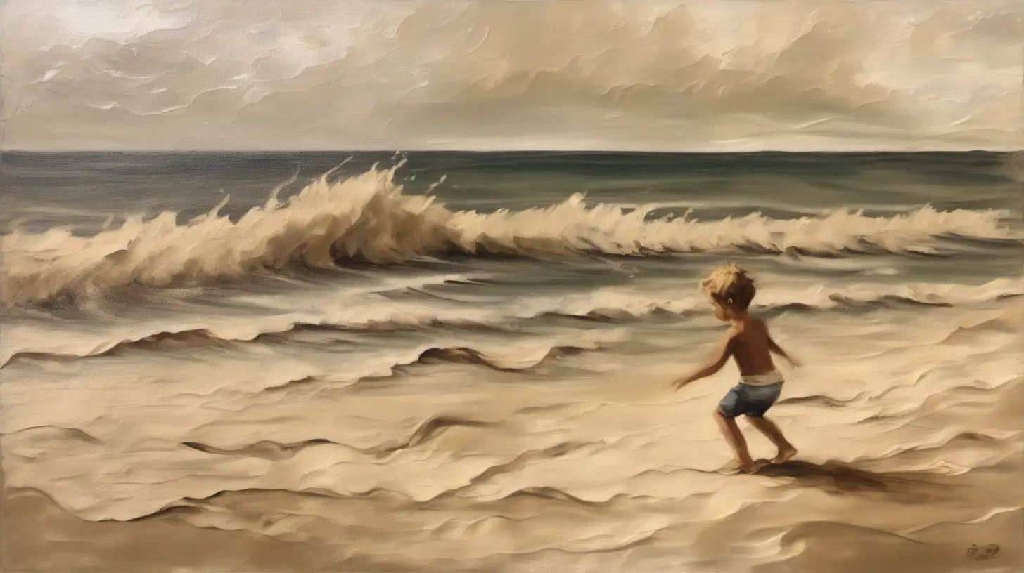 Vintage Beach Scene with Distant Child Playing and Waves in Beige Oil Paint